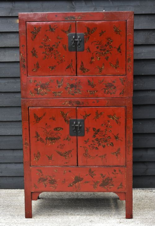 Beautiful Antique Chinese Red Lacquered Marriage/ Wedding Cabinet.