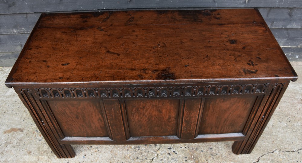 Lovely Small Proportioned 17th Century Oak Panelled Coffer. View VI