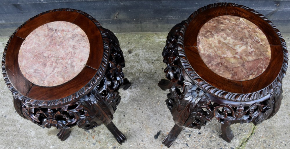 Matched Pair of Beautifully Carved Late 19th Century Chinese Rosewood Jardinaire Stands. View III