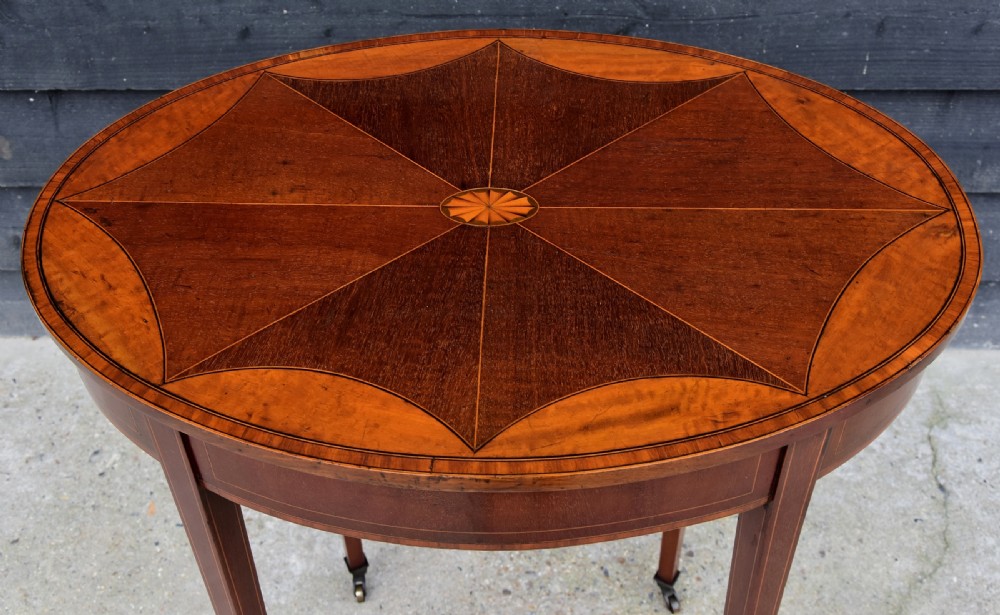 Fine Quality Edwardian Mahogany & Satinwood Inlaid Oval Occasional Table, Circa 1900. View II