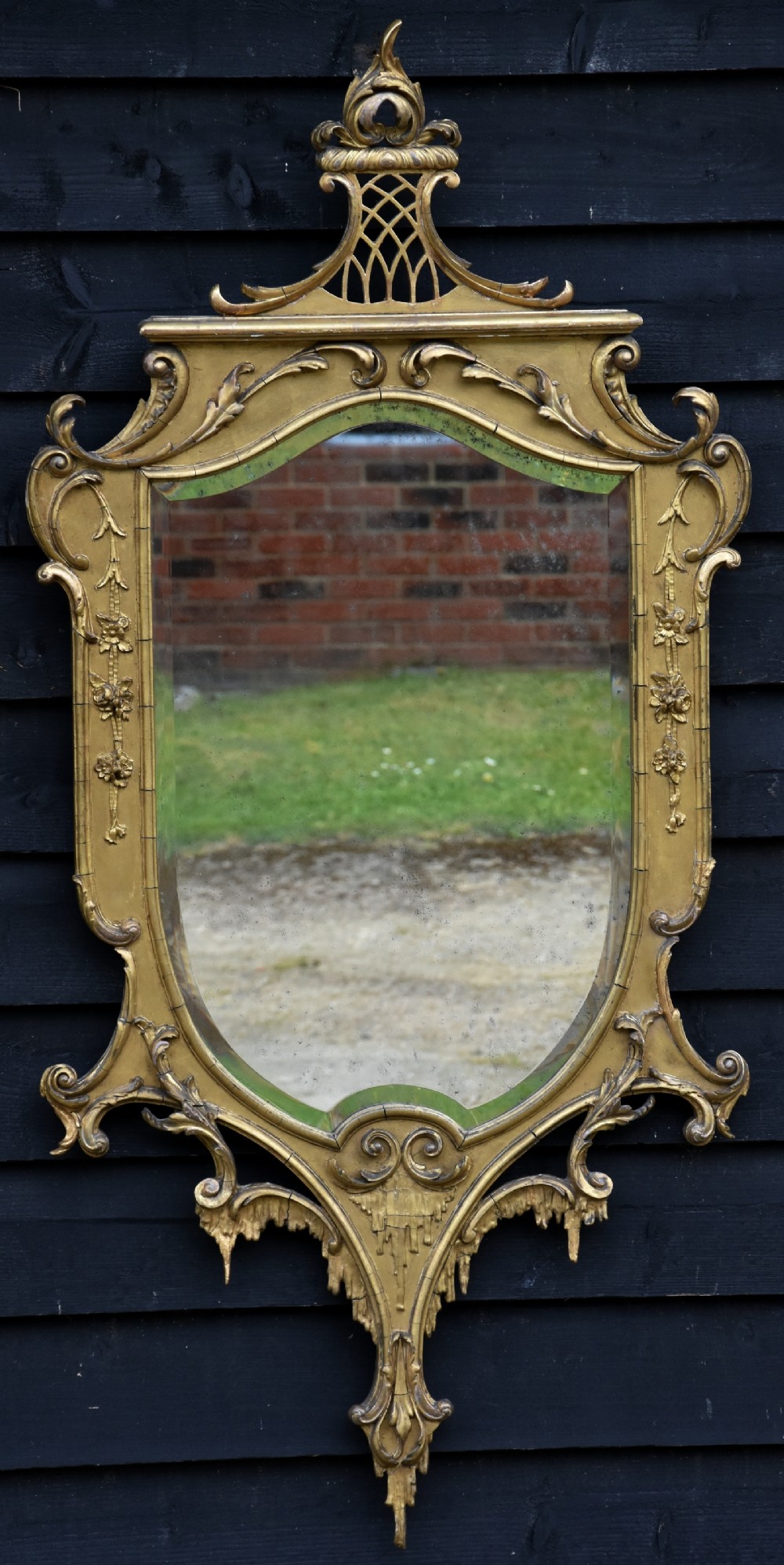 Striking & Unusual Large 19th Century Shield Shaped Gilt Mirror in Chippendale Style, Circa 1860.