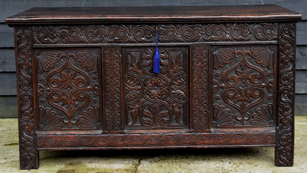 Outstanding 17th Century Carved Oak Panelled Coffer, Circa 1680-90.