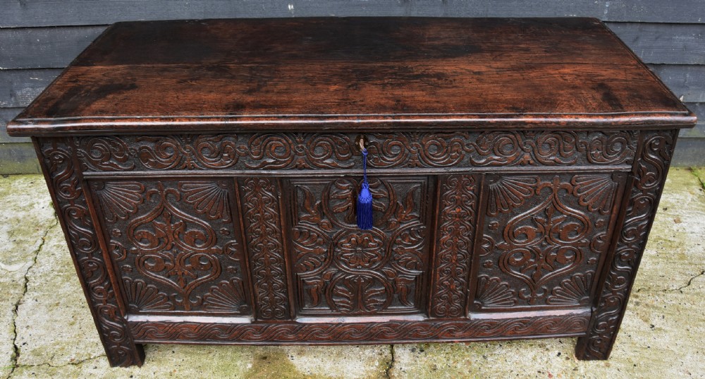 Outstanding 17th Century Carved Oak Panelled Coffer, Circa 1680-90. View II