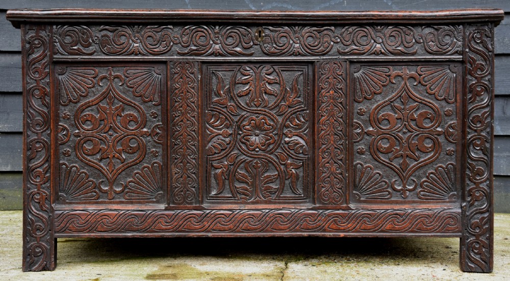Outstanding 17th Century Carved Oak Panelled Coffer, Circa 1680-90. View III