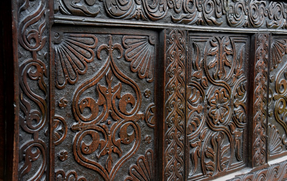 Outstanding 17th Century Carved Oak Panelled Coffer, Circa 1680-90. View VI
