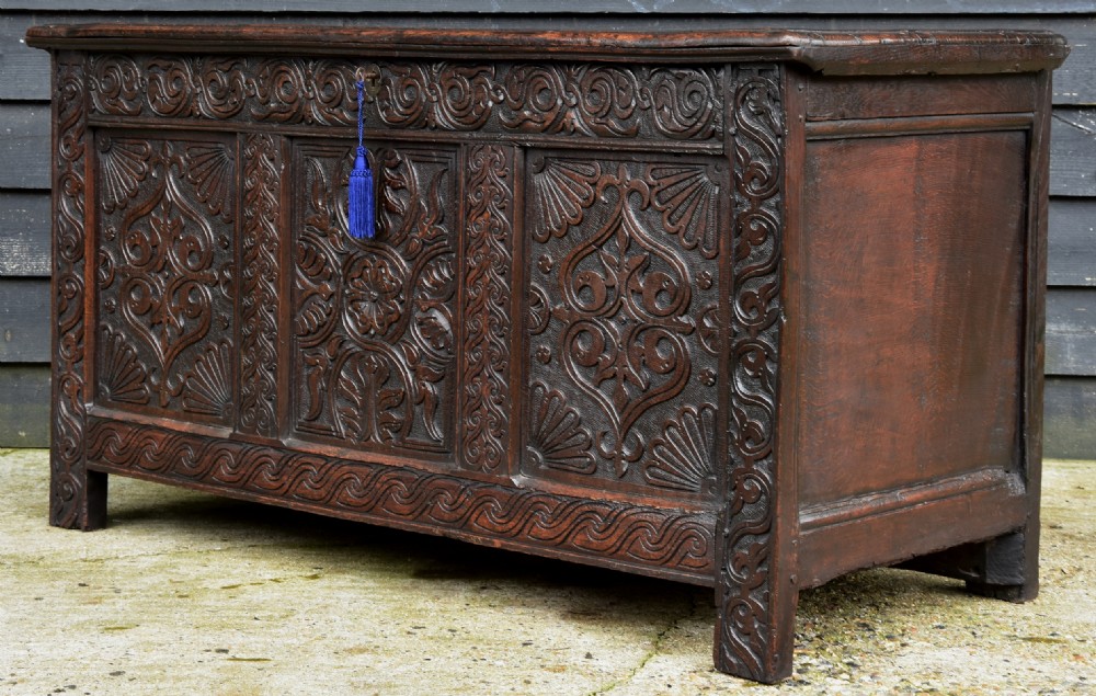 Outstanding 17th Century Carved Oak Panelled Coffer, Circa 1680-90. View XI