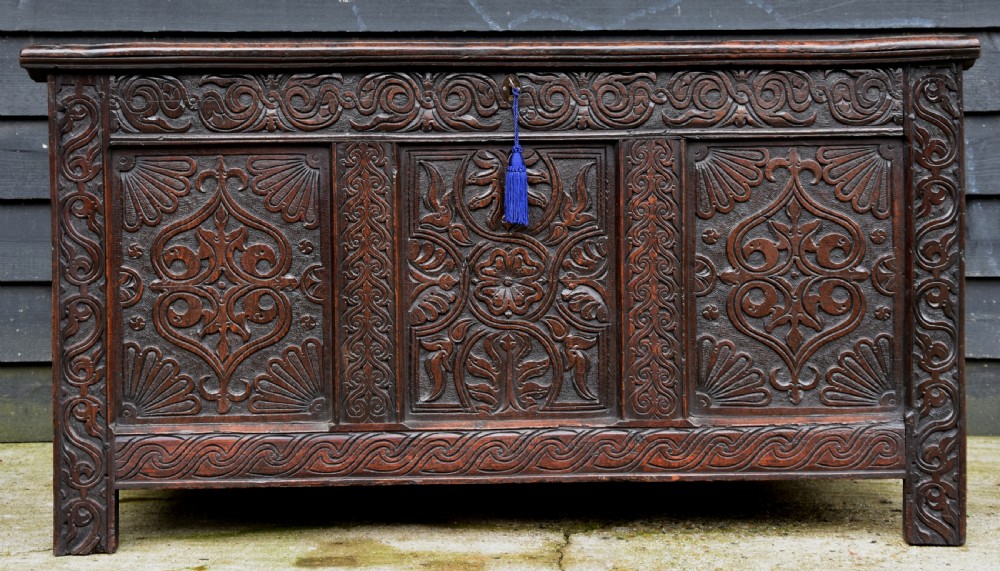 Outstanding 17th Century Carved Oak Panelled Coffer, Circa 1680-90. View XIV