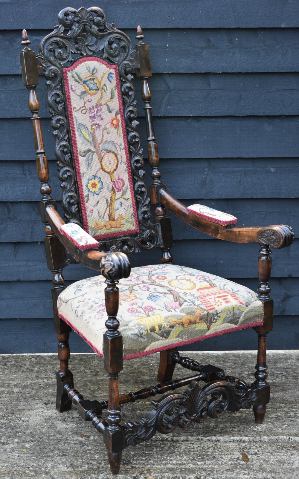 Finely Carved 19th Century Walnut & Beech High Back Armchair, Throne Chair c.1880 