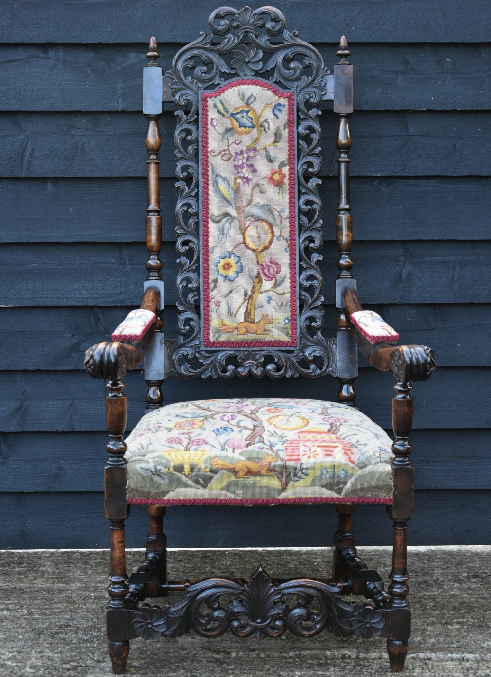 Finely Carved 19th Century Walnut & Beech High Back Armchair, Throne Chair c.1880  View II