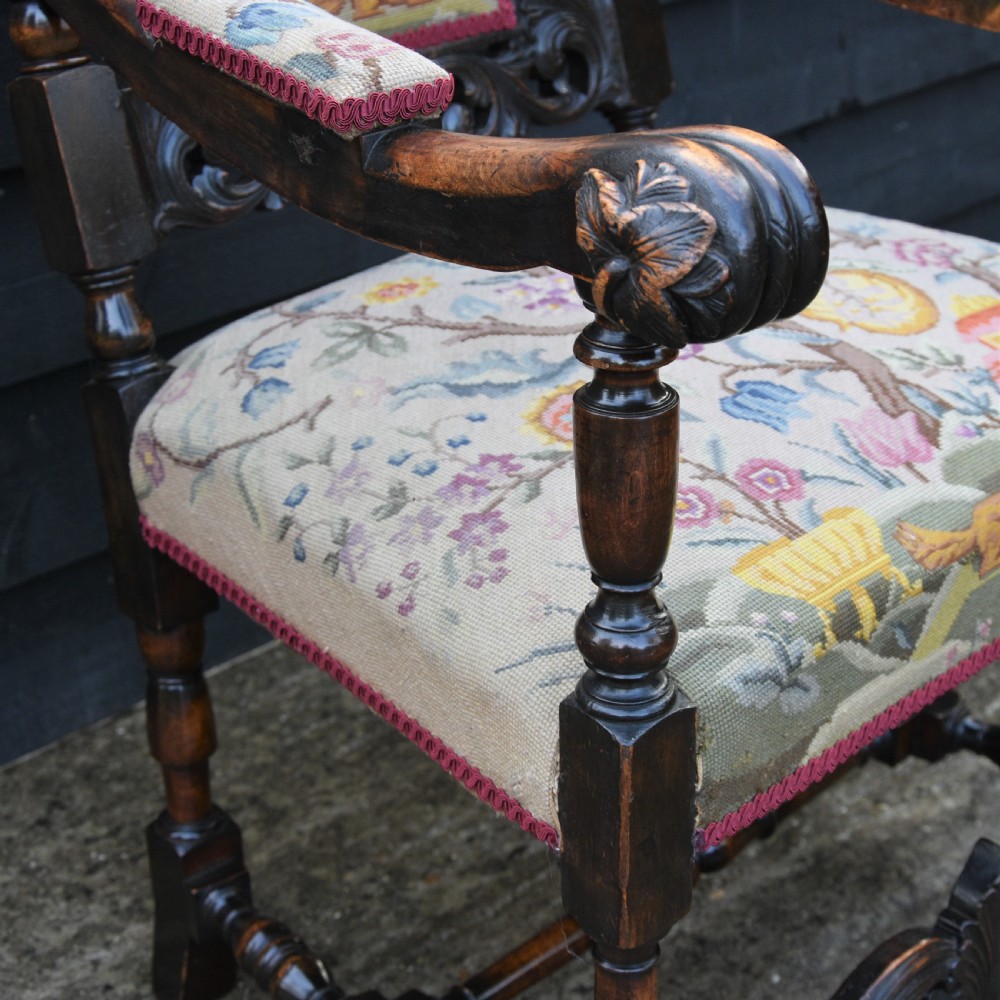Finely Carved 19th Century Walnut & Beech High Back Armchair, Throne Chair c.1880  View V