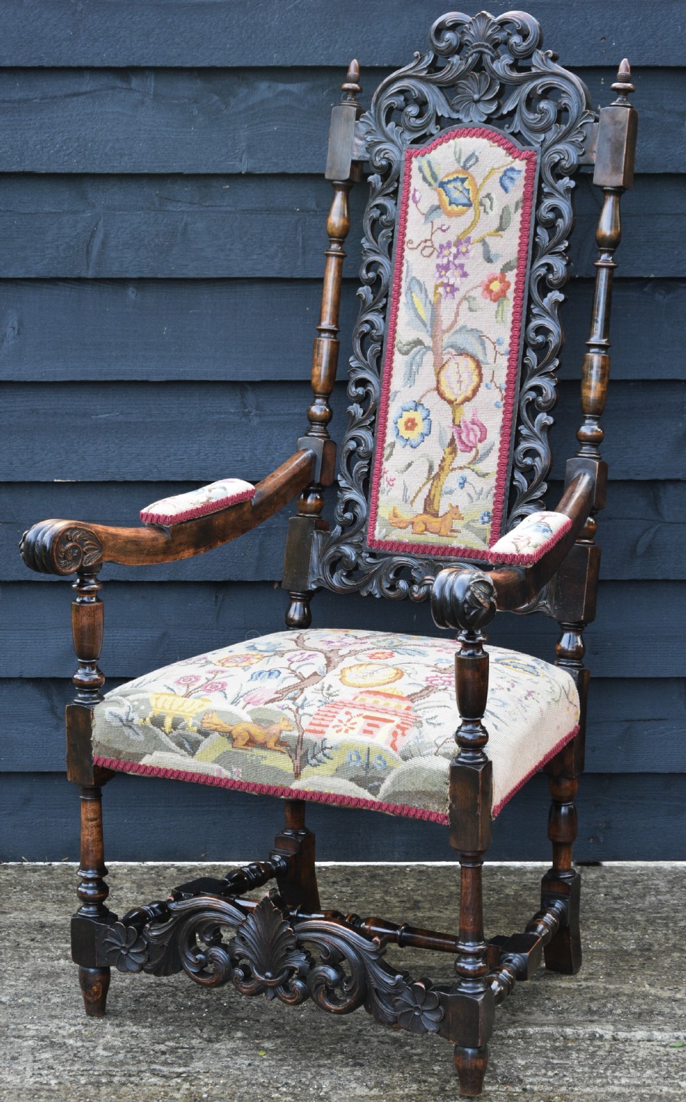 Finely Carved 19th Century Walnut & Beech High Back Armchair, Throne Chair c.1880  View VII