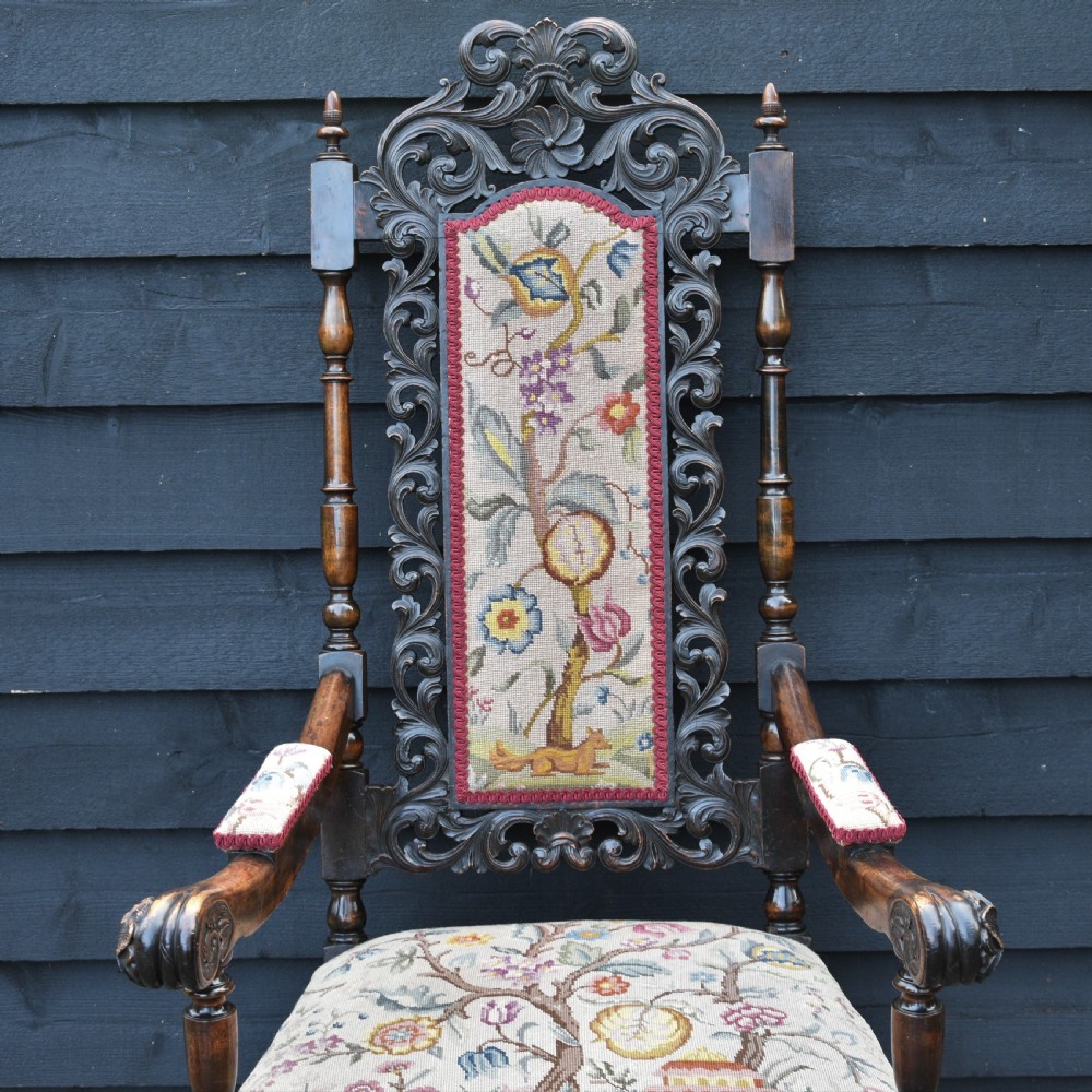 Finely Carved 19th Century Walnut & Beech High Back Armchair, Throne Chair c.1880  View XIV