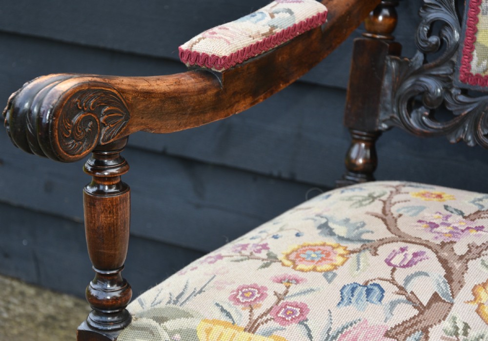 Finely Carved 19th Century Walnut & Beech High Back Armchair, Throne Chair c.1880  View XV