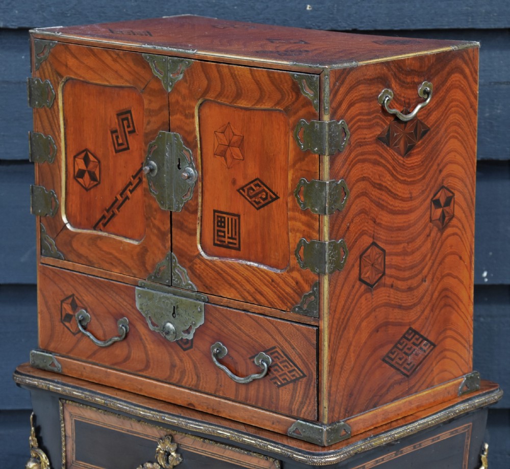Excellent 19th Century Antique Japanese Jewellery Cabinet (shodana), Inlaid Elm. View II