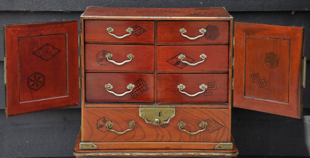 Excellent 19th Century Antique Japanese Jewellery Cabinet (shodana), Inlaid Elm. View VI