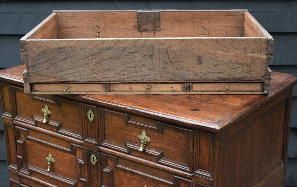 Excellent 17c Gothic Oak Geometric Chest Of Drawers With Secret Drawers, Small Proportions. View XVI