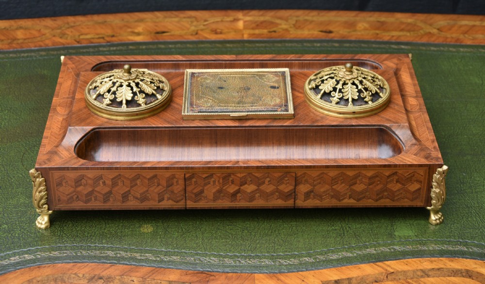 Exquisite German Kingwood Marquetry Desk Stand With Inkwells c.1900 View III
