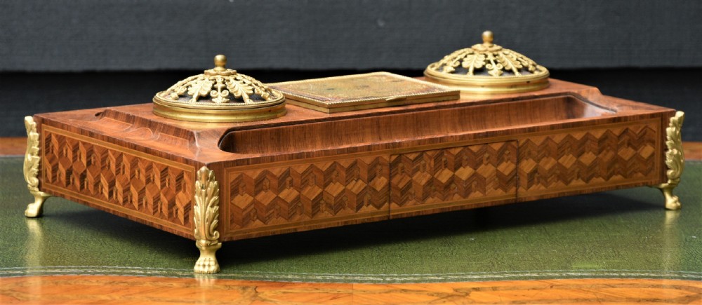 Exquisite German Kingwood Marquetry Desk Stand With Inkwells c.1900 View IV