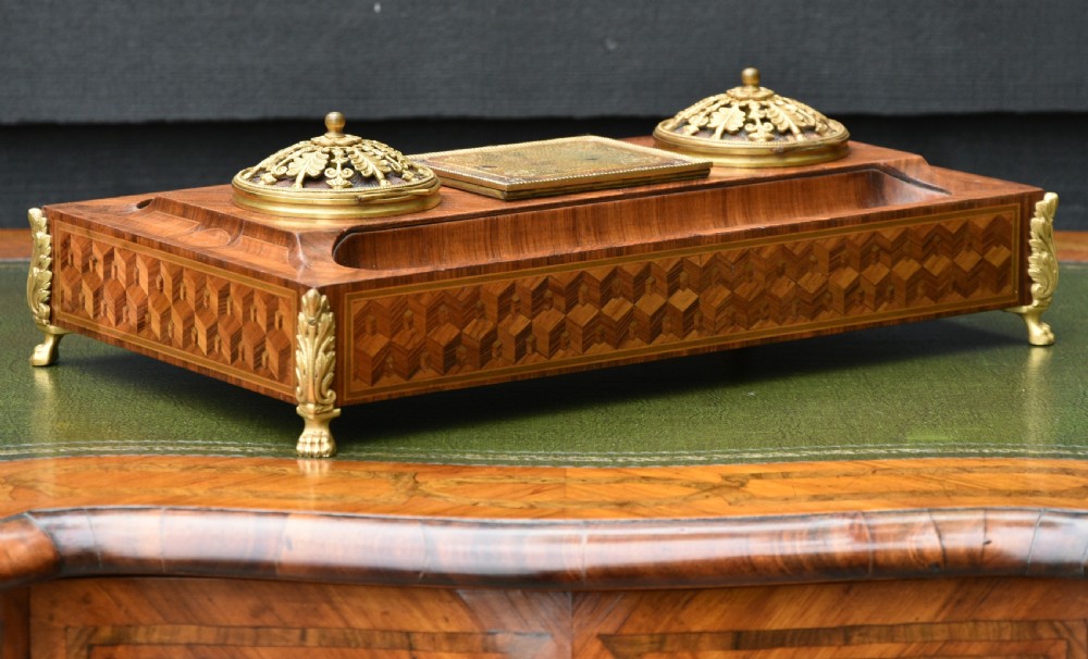 Exquisite German Kingwood Marquetry Desk Stand With Inkwells c.1900 View V