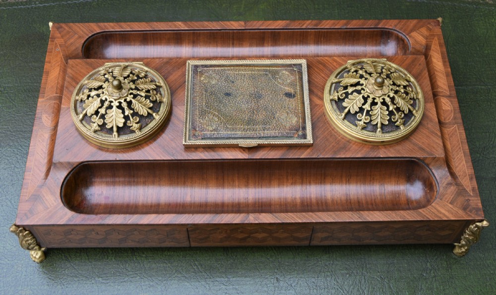 Exquisite German Kingwood Marquetry Desk Stand With Inkwells c.1900 View VI