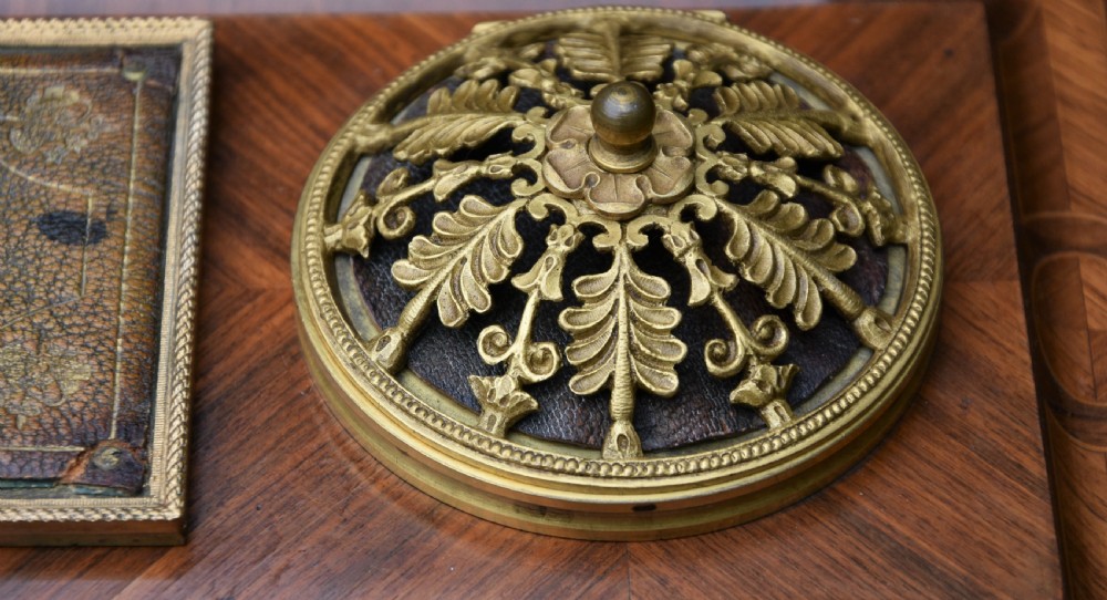 Exquisite German Kingwood Marquetry Desk Stand With Inkwells c.1900 View VII