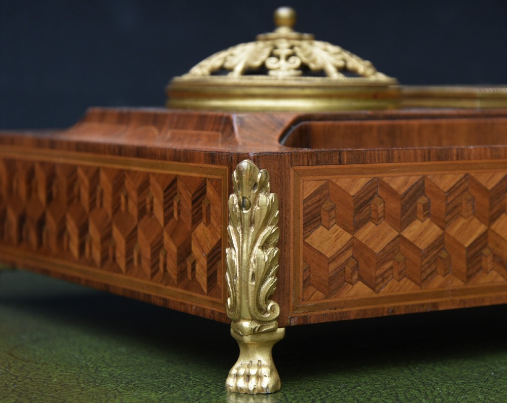 Exquisite German Kingwood Marquetry Desk Stand With Inkwells c.1900 View VIII