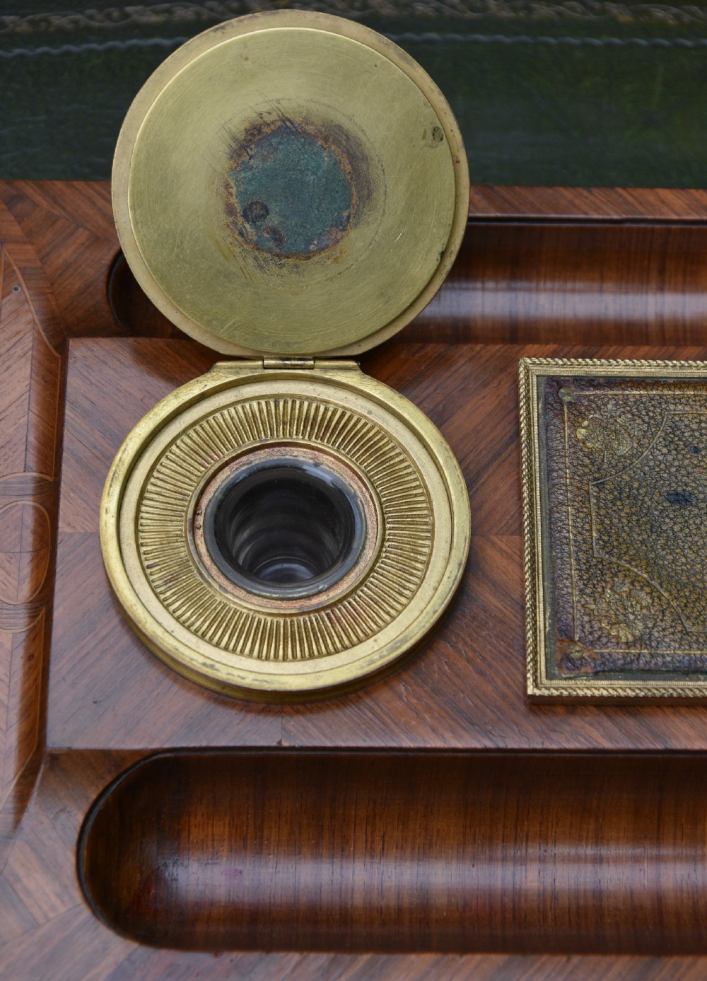 Exquisite German Kingwood Marquetry Desk Stand With Inkwells c.1900 View XII