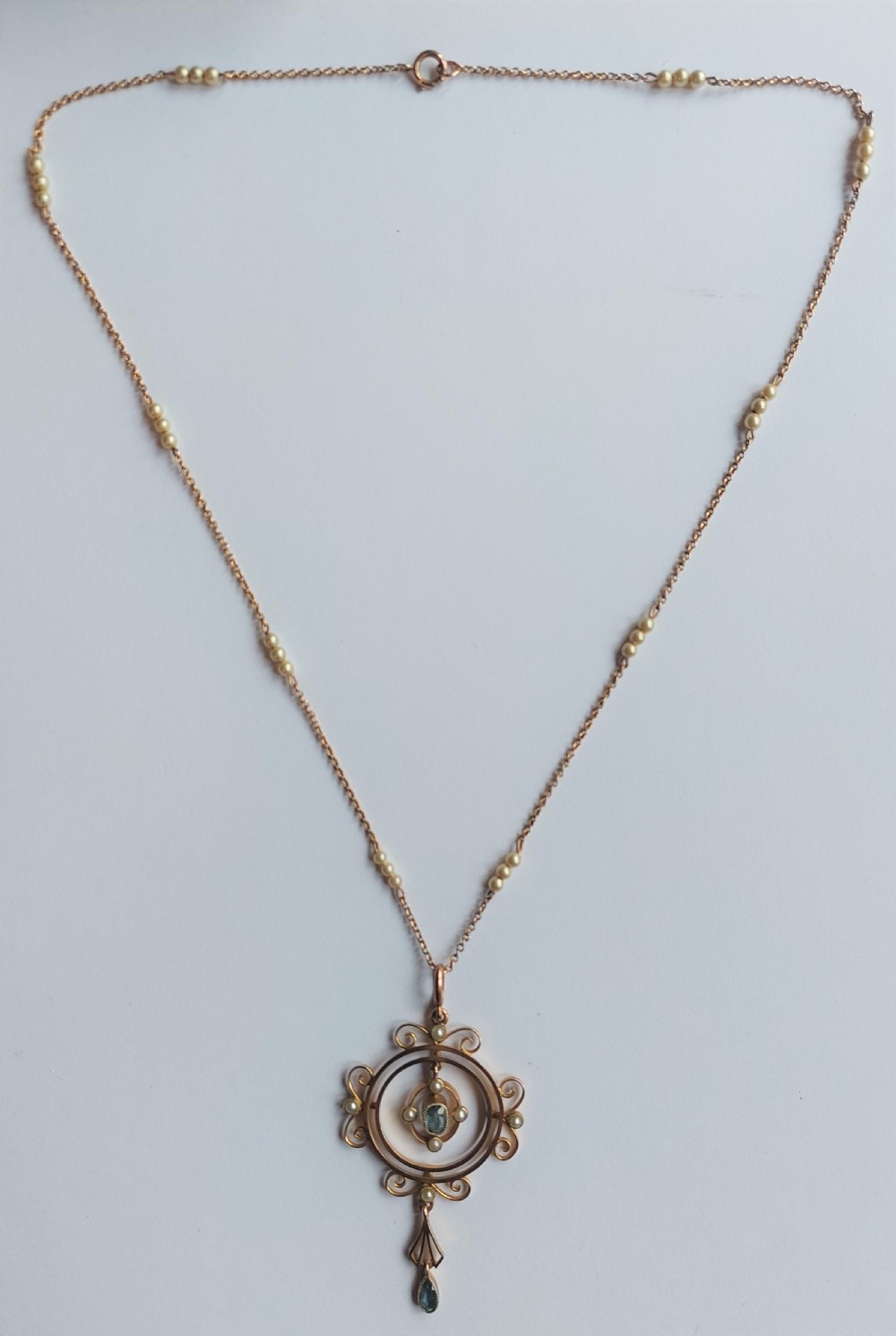 Art Nouveau 9ct Gold Pendant & Chain, Aquamarine & Seed Pearl. View II
