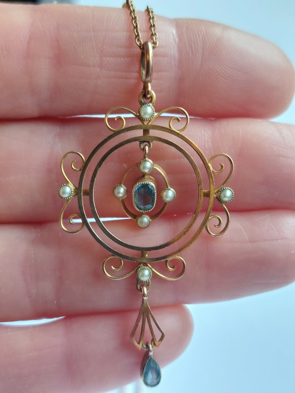 Art Nouveau 9ct Gold Pendant & Chain, Aquamarine & Seed Pearl. View V