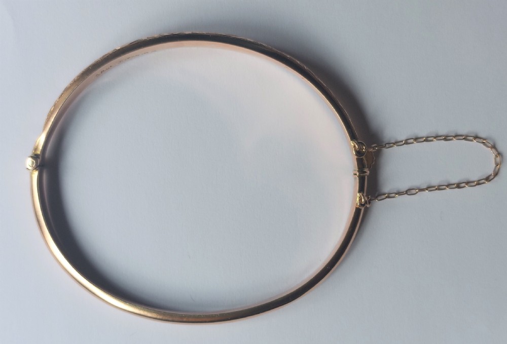 Beautiful Edwardian 9ct Rose Gold Bangle Bracelet, Engraved Floral & Foliate Decoration, Made By Smith & Pepper. View VIII