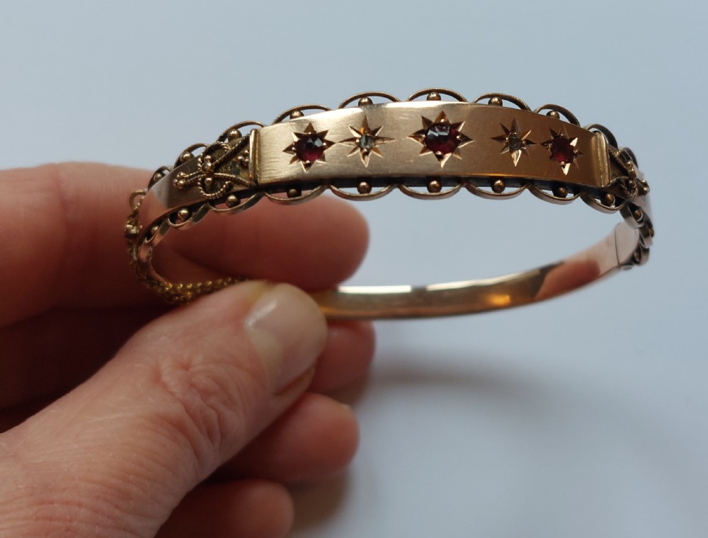Beautiful Edwardian 9ct Rose Gold Hinged Bangle Bracelet, Ruby & Diamond. View V