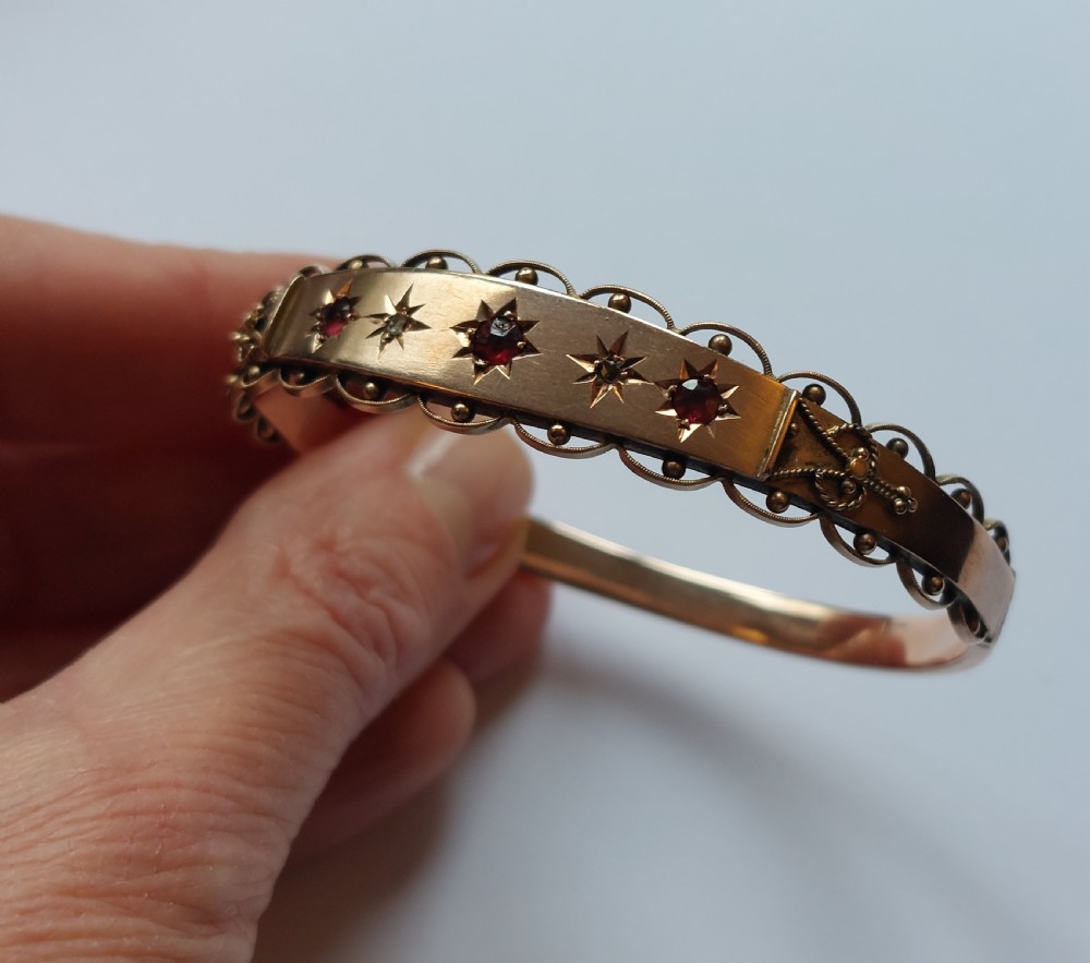 Beautiful Edwardian 9ct Rose Gold Hinged Bangle Bracelet, Ruby & Diamond. View VI