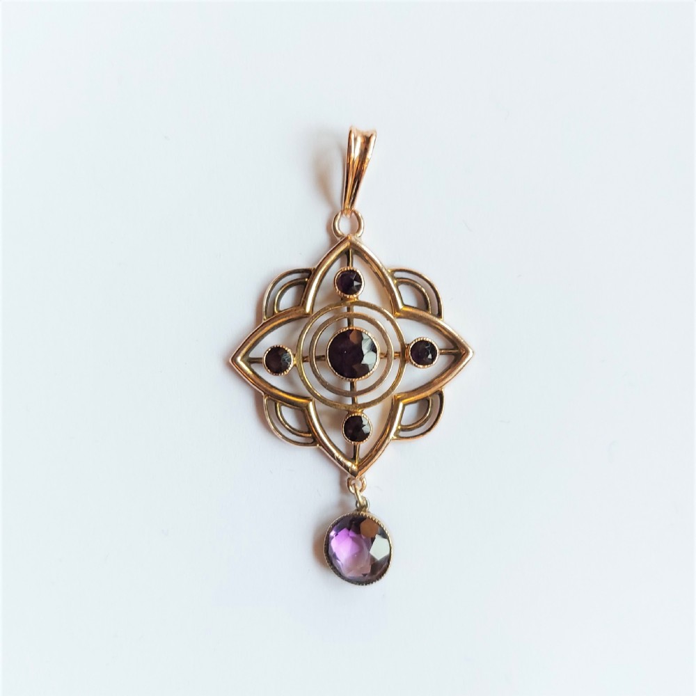 Beautiful Victorian Art Nouveau 9ct Gold Amethyst Lavalier Pendant & Chain. View II