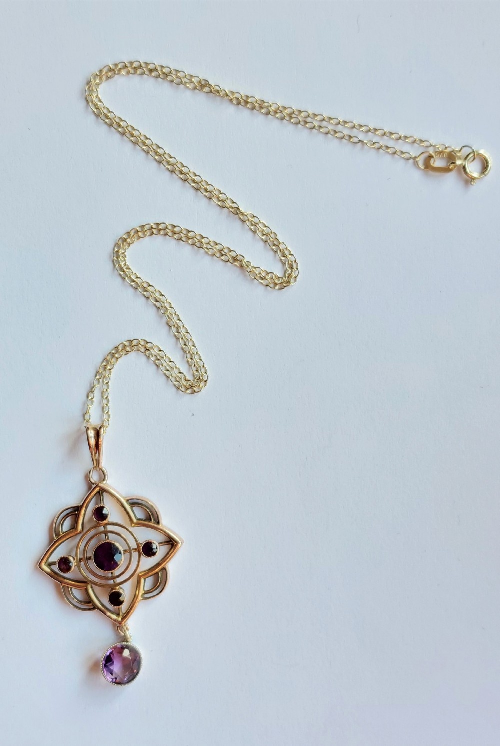 Beautiful Victorian Art Nouveau 9ct Gold Amethyst Lavalier Pendant & Chain. View IV