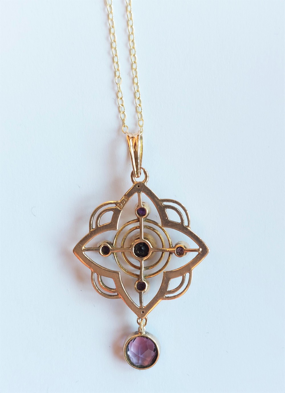 Beautiful Victorian Art Nouveau 9ct Gold Amethyst Lavalier Pendant & Chain. View V