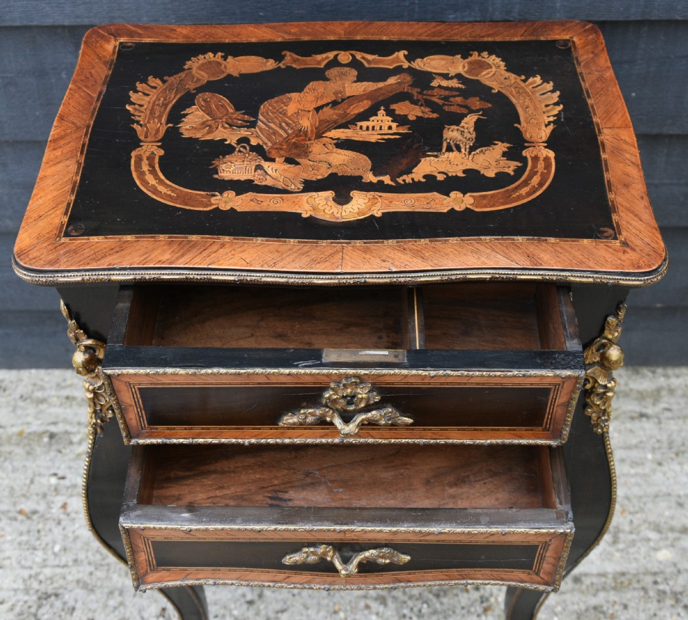 Beautiful 19th Century French Side Table, Ebonised & Marquetry Inlaid. View III