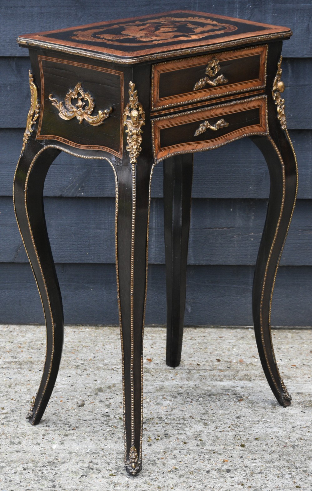 Beautiful 19th Century French Side Table, Ebonised & Marquetry Inlaid. View V