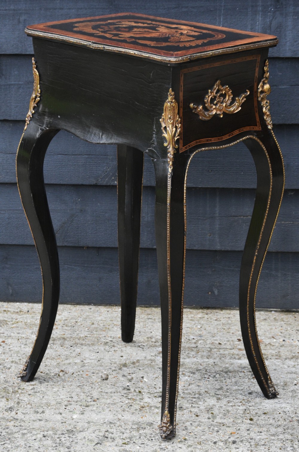 Beautiful 19th Century French Side Table, Ebonised & Marquetry Inlaid. View VI