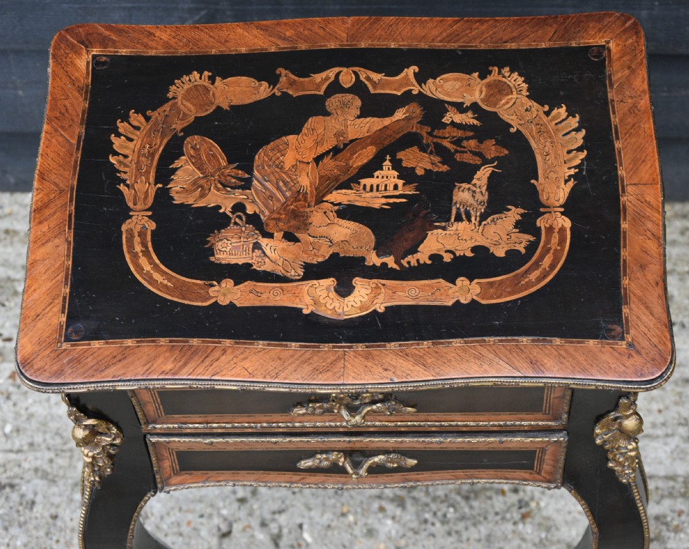 Beautiful 19th Century French Side Table, Ebonised & Marquetry Inlaid. View VII
