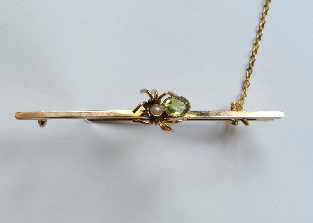 Fabulous Edwardian 9ct Gold Peridot & Seed Pearl Spider Bar Brooch. View IV