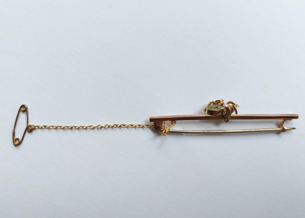 Fabulous Edwardian 9ct Gold Peridot & Seed Pearl Spider Bar Brooch. View V