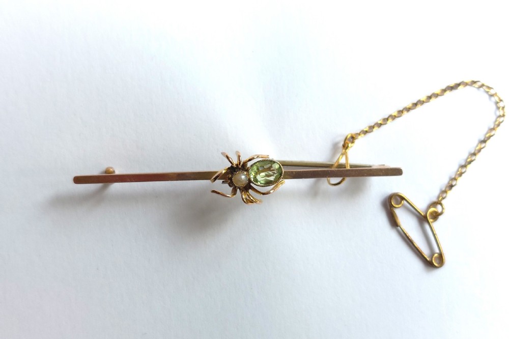 Fabulous Edwardian 9ct Gold Peridot & Seed Pearl Spider Bar Brooch. View VI
