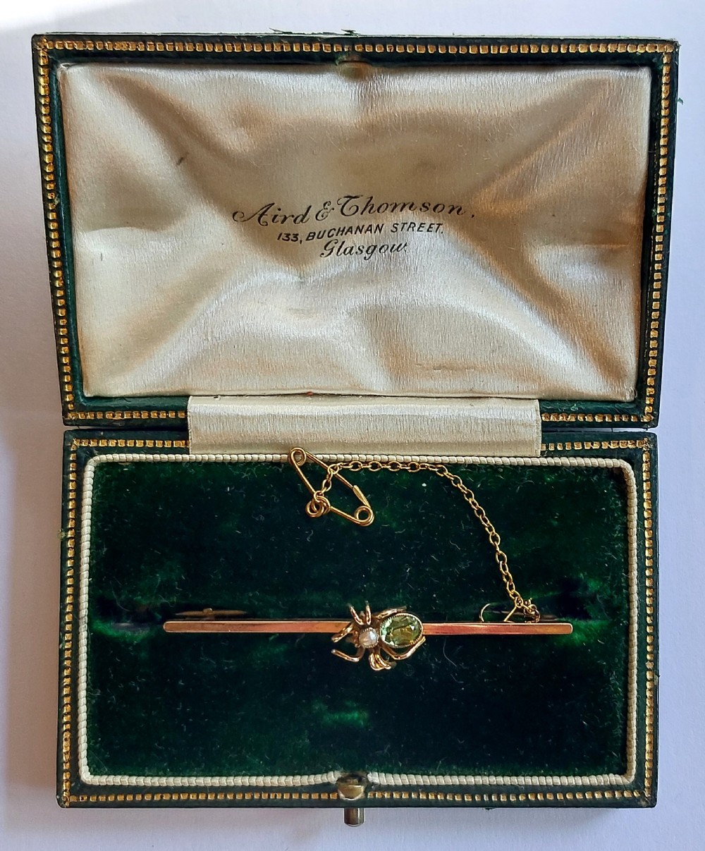Fabulous Edwardian 9ct Gold Peridot & Seed Pearl Spider Bar Brooch. View VIII