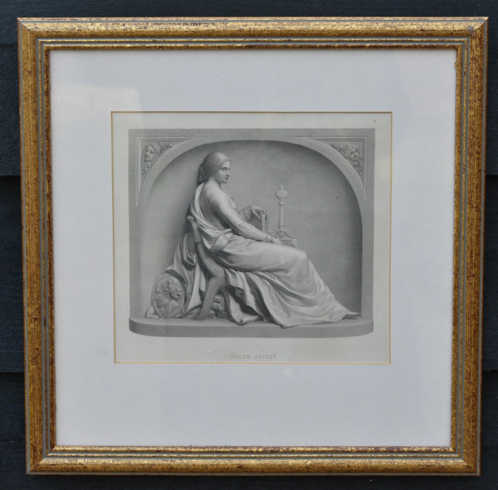 A framed nineteenth-century monochrome engraving depicting a seated woman in draped classical attire inside an arched niche, presented in a gold gilt frame.