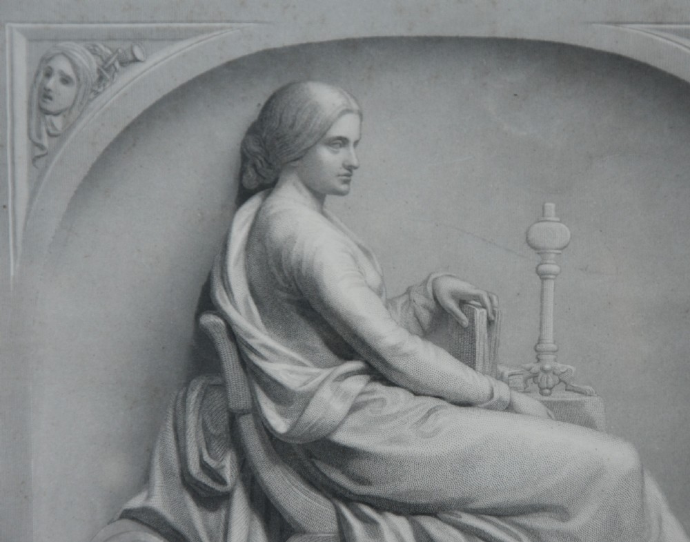 A framed nineteenth-century monochrome engraving depicting a seated woman in draped classical attire inside an arched niche, presented in a gold gilt frame. View V