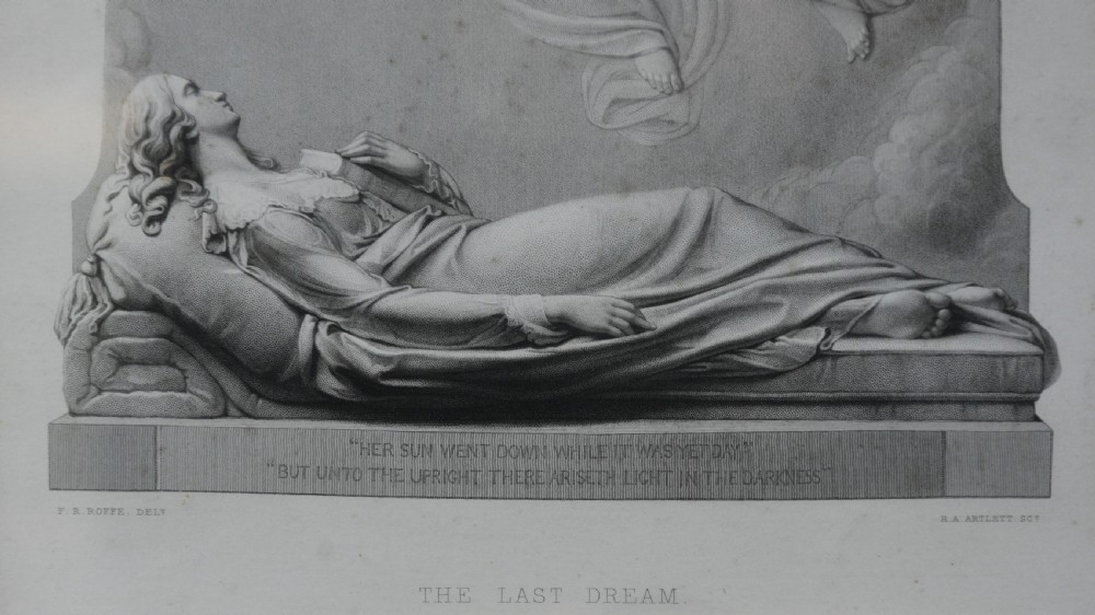 A framed 19th-century monochrome classical engraving depicting a sleeping figure with floating spirits ascending above, set in a gilded wooden frame. View IV