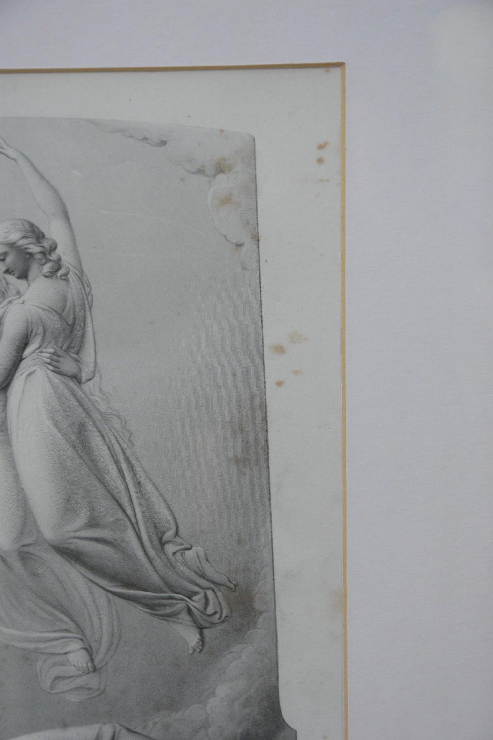 A framed 19th-century monochrome classical engraving depicting a sleeping figure with floating spirits ascending above, set in a gilded wooden frame. View V
