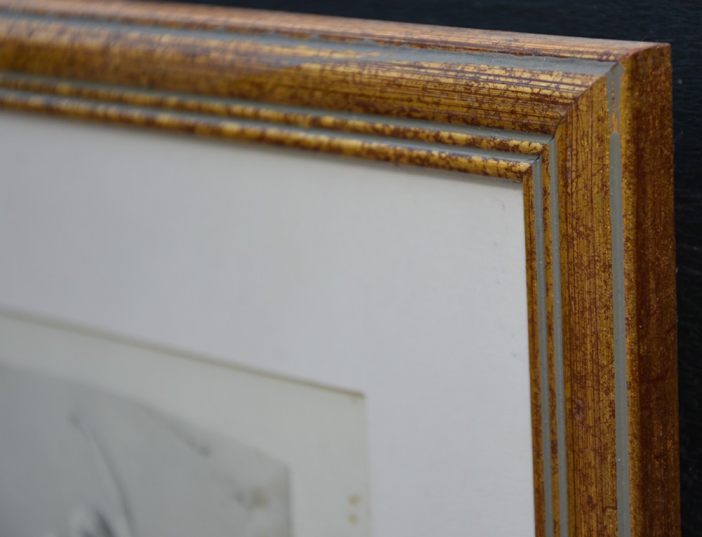 A framed 19th-century monochrome classical engraving depicting a sleeping figure with floating spirits ascending above, set in a gilded wooden frame. View VI