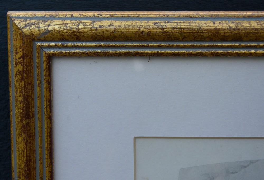 A framed 19th-century monochrome classical engraving depicting a sleeping figure with floating spirits ascending above, set in a gilded wooden frame. View VII