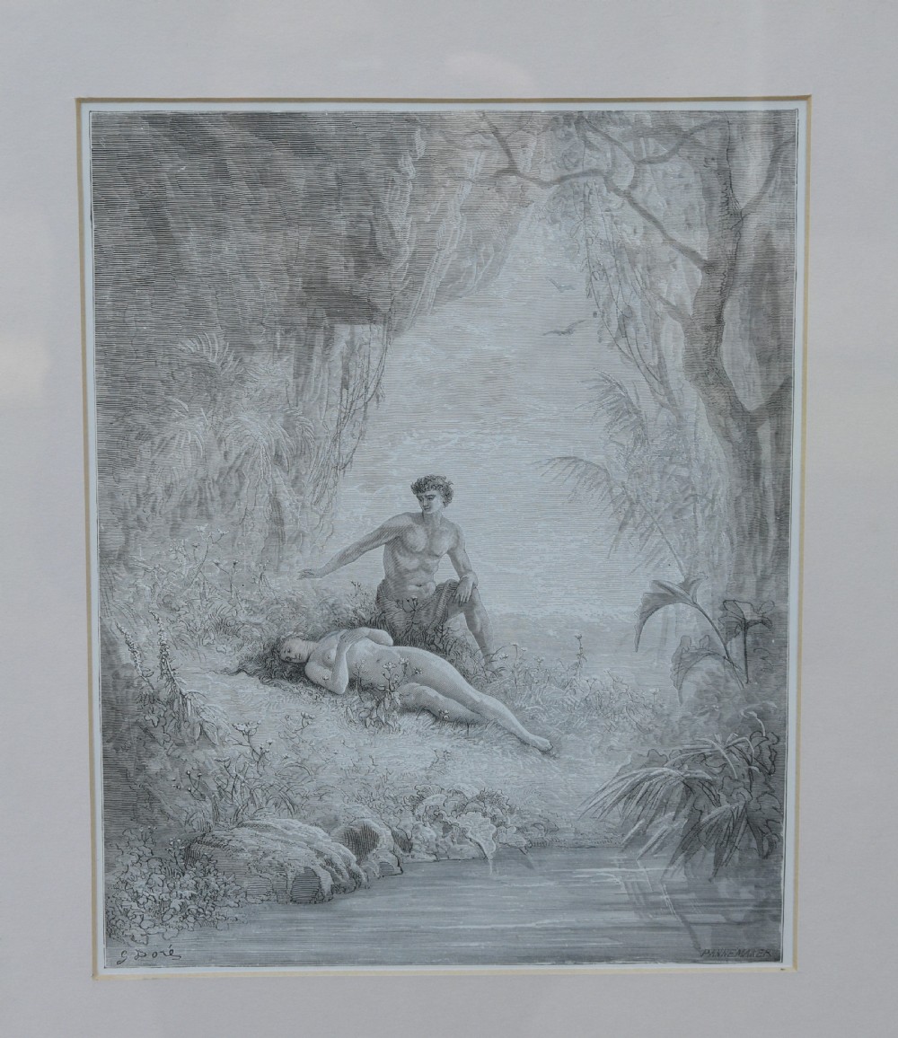 A framed 19th-century monochrome wood engraving depicting Adam and Eve in a dense forest setting, encased in a gilded wooden frame with a wide cream mount. View III